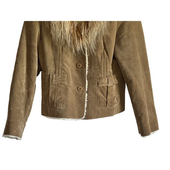 Boston Proper Womens Genuine Leather Suede Jacket With Mongolian Fur Trim Y2K - Picture 5 of 8